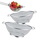 3 Piezas Colador de Malla Fina de Cocina de Acero Inoxidable, Colador Tamices Ø 24,5 cm y Ø 21,5 con 2 Asas para Pasta Verduras y Frutas, con 1 x Tamiz de Acero Inox con Mango Largo