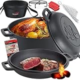 KESSER® Horno holandés 2 en 1, olla de hierro fundido 4,8 l y sartén 1,8 l quemados, listo para usar incl. libro de cocina, cacerola de doble función, tapa/sartén para cocina, camping