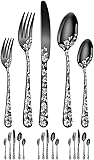 caapmony Juego de 20 cubiertos de acero inoxidable satinado, mate, incluye cuchillo, cubertería pulida con espejo, apto para lavavajillas, color negro