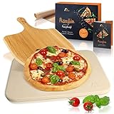 Amazy Piedra para Pizza (38 x 30 x 1,5 cm) + Pala de Bambú + Papel Horno Reutilizable + Instrucciones - DELE a su Pizza el Original Sabor Italiano al Horno de leña.