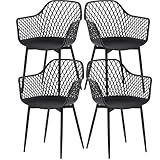 buybyroom Sillas de Comedor, Sillas de Cocina Pack 4 con Reposabrazos, Patas de Metal, Respaldo Ergonómico, Asiento Ancho, para Comedor, salón, Capacidad de Carga 120 kg, Negra