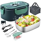 Gentre Fiambrera Electrica 4 en 1 12V/24V/220V~240V Calentador de Comida Portatil con Termo para Coche Camión y Trabajo 1.5L 60W en Acero Inoxidable con Tartera Bolsa Térmica y Juego de Cubiertos