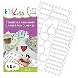 ETIKIDS 40 Etiquetas para ropa personalizables para la guardería y colegio. Pegatinas termoadhesivas con dibujos para escribir el nombre con bolígrafo resistentes a la lavadora y secadora. (Basic)