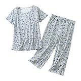 Conjuntos de Pijama Mujer Verano Pijama Mujer Camisón Manga Corta Y Pantalones 3/4 Traje De Noche Algodón Conjunto De Dos Transpirable Chic Y Cómodo Ropa De Dormir Interior, Mint Green, XXL
