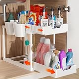 Organizador Bajo Fregadero Deslizable 2 Niveles, Estante Organizador Cocina de Gran Capacidad con 2 Cesta Colgante, 4 Ganchos, Deslizante Almacenaje Debajo Fregadero para Cocina, Baño, hogar, Blanco