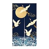 LIGICKY Noren - Cortina para Puerta, Estilo japonés, diseño de grúas y Olas Doradas, Estampado de Luna Llena, algodón y Lino, para decoración del hogar, 85 x 150 cm, Color Azul Marino