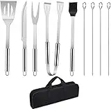 Kit Barbacoa 9 Piezas - Utensilios Barbacoa Acero Inoxidable - Accesorios Barbacoa Completo con Espátula, Tenazas, Cepillos y Pinchos para Jardín, Camping, Fiestas al Aire Libre