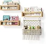 BBLIKE Estantes de Madera de Pared Juego de 3-42cm Baldas Flotantes para Niños con Red de Peluches, Maciza Librería Infantil para Libros para Guardería y Habitación Infantil Decoración