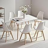 TTATC Mesa de Comedor con Juego de 6 Sillas, Mesa de Comedor Moderna Rectangular, 6 Sillas de Comedor con Patas de Madera de Haya, para Cocina, Sala, Comedor (Blanco)