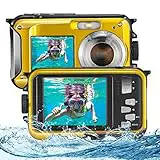 Aomdom Cámara Digital a Prueba de Agua, Full HD 2.7K 48MP Camara Acuatica Sumergible Zoom Digital 16X Camara Fotos Acuatica Niños Pantallas Duales antivibración para bucear con esnórque Giallo