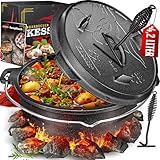 KESSER® Juego de horno holandés para barbacoa, 12 litros, olla para hoguera con posavasos de acero inoxidable, olla de hierro fundido con elevador de tapa, asa y ranura para termómetro
