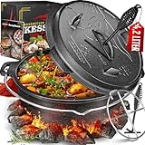 KESSER® Juego de horno holandés para barbacoa, 12 litros, olla para hoguera con posavasos de acero inoxidable, olla de hierro fundido con elevador de tapa, asa y ranura para termómetro