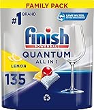 FINISH Quantum All-in-1 Lemon - Cápsulas para lavavajillas; protege el vidrio y la plata, le da un brillo deslumbrante, funciona a bajas temperaturas sin remojo previo, paquete grande XXL de 135